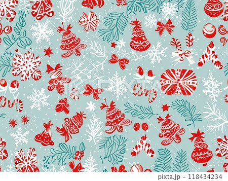 赤いクリスマスツリーと植物のパターンイラスト 118434234