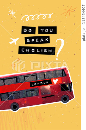 English school poster, embossed tape typography do you speak. London red duble decker bus collage cutout, handdrawn doodles on yellow texture background 118434407
