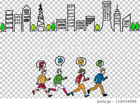 SDGs image 17-color hand-drawn line drawing of children and cityscape 118434986