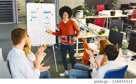 Male office worker giving creative presentation to his colleagues, explaining business plan to coworkers in coworking office, free space Male office worker giving creative presentation to his colleagues, explaining business plan to coworkers in coworking office, free space 118435313