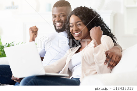 A couple sitting on a couch at home, looking at a laptop and celebrating good news with happy expressions and raised fists. A couple sitting on a couch at home, looking at a laptop and celebrating good news with happy expressions and raised fists. 118435315
