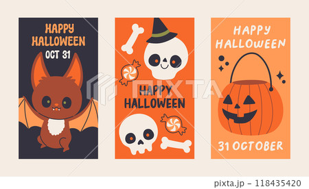Halloween poster set. Trendy flat style and funny characters. Cute vector poster set for postcard, flyer, banner Halloween poster set. Trendy flat style and funny characters. Cute vector poster set for postcard, flyer, banner 118435420