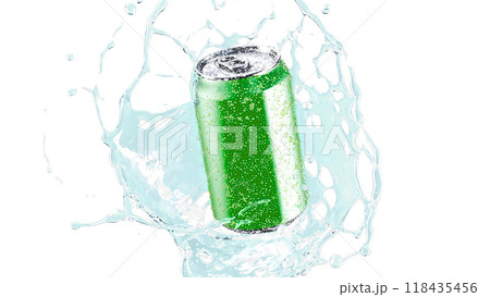 Blank green soda can water splash mockup, depth of field Blank green soda can water splash mockup, depth of field 118435456