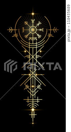 Gold Vegvisir navigation compass ancient. Old Magic sign viking art deco. The Vikings used many symbols in accordance to Norse mythology, widely used in Viking society. Esoteric Wiccan Logo icon 118435689