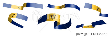 Set of holiday ribbons. Barbados flag waving in wind. Separation into lower and upper layers. Design element. Vector on white background 118435842