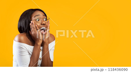 Omg. Surprised Black Woman Shouting With Hands On Cheeks Standing Over Orange Background. Studio Shot, Panorama With Copy Space Omg. Surprised Black Woman Shouting With Hands On Cheeks Standing Over Orange Background. Studio Shot, Panorama With Copy Space 118436090