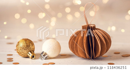 Christmas decorations on white wooden table. 118436251