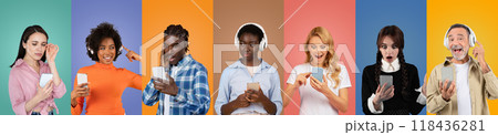 A lively group of diverse people, each holding a smartphone and experiencing a range of emotions, stands against vibrant colored backgrounds. They seem fascinated and engaged. A lively group of diverse people, each holding a smartphone and experiencing a range of emotions, stands against vibrant colored backgrounds. They seem fascinated and engaged. 118436281