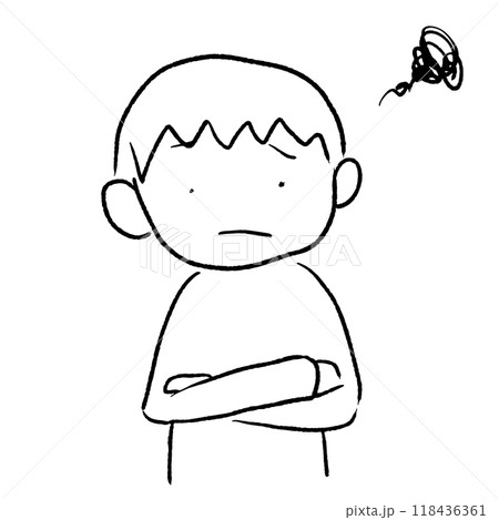 腕組をして困っている男の子のイラスト シンプル モノクロ 118436361