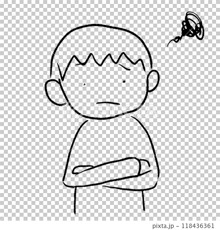 腕組をして困っている男の子のイラスト シンプル モノクロ 118436361