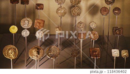Set Of Old Indo-greek, Indo-scythian, Indo-parthian Coins. Indo-greek Coins Was Is Often Bilingual, Combining Greek With Indian Brahmi Script Or Kharoshthi. Ancient Coins Set Of Old Indo-greek, Indo-scythian, Indo-parthian Coins. Indo-greek Coins Was Is Often Bilingual, Combining Greek With Indian Brahmi Script Or Kharoshthi. Ancient Coins 118436402
