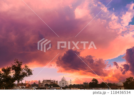 Taj Mahal in Agra, Uttar Pradesh, India. Sunset sky above Fabulous Taj mahal travel concept. indian islamic heritage at sunrise early morning . nobody without people Taj Mahal in Agra, Uttar Pradesh, India. Sunset sky above Fabulous Taj mahal travel concept. indian islamic heritage at sunrise early morning . nobody without people 118436534