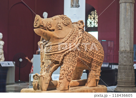Varaha - Colossal Boar Is Third Incarnation Of Lord Vishnu. He Is Depicted With Human Body And Boar Head. He Is Holding Gada -mace-, Shankha -conch- And Goddess Earth On His Left Elbow And Serpent Varaha - Colossal Boar Is Third Incarnation Of Lord Vishnu. He Is Depicted With Human Body And Boar Head. He Is Holding Gada -mace-, Shankha -conch- And Goddess Earth On His Left Elbow And Serpent 118436605