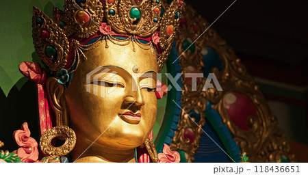 Close-up view on Buddha. Gompas Are Buddhist Altars Or Monasteries Located In Himalayan Region. Altar Represents Triratna -three Jewels-, Buddha, Dharma -discussions And Teachings Of Buddha- And 118436651