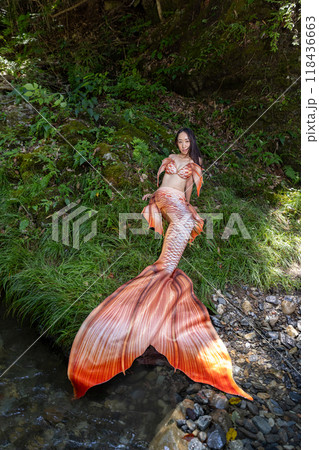 川辺に座る黒髪の女性の人魚 118436663