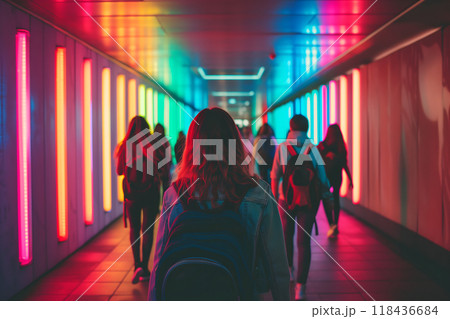 A group of people walking down a hallway with colorful lights 118436684