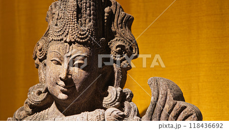 Close-up view on Statue Of Krishna Playing Flute. Krishnas Love Songs Are Both Shravya And Drishya -heard And Seen-. Krishna Is Major Deity In Hinduism. He Is God Of Protection, Compassion, Love 118436692