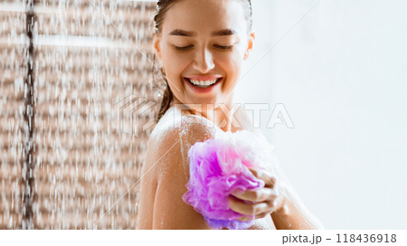 Woman Rubbing Body With Foam, Enjoying Refreshing Shower, Copy Space Woman Rubbing Body With Foam, Enjoying Refreshing Shower, Copy Space 118436918