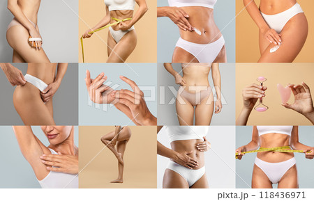 Women in white lingerie showing various skincare routines and body measurement techniques in a collage layout. 118436971