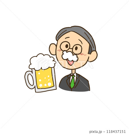 口に泡をつけてビールを飲む高齢男性のイラスト 口に泡をつけてビールを飲む高齢男性のイラスト 118437151