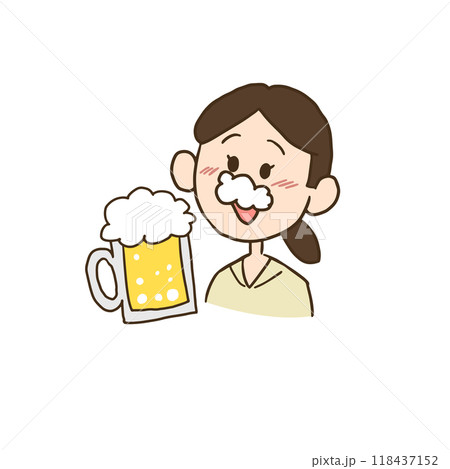口に泡をつけてビールを飲む女性のイラスト 118437152