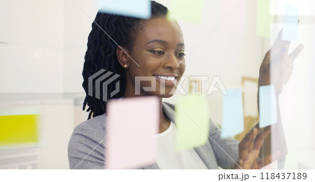 African American woman manager brainstorming with vibrant sticky notes on a glass wall, planning and organizing ideas, web banner. 118437189