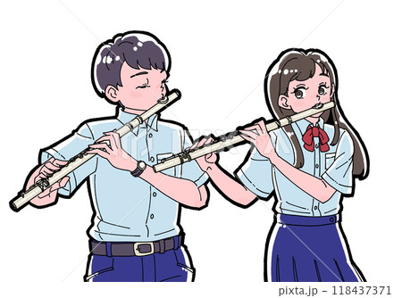 フルートを持った笑顔の男女のイラスト フルートを持った笑顔の男女のイラスト 118437371