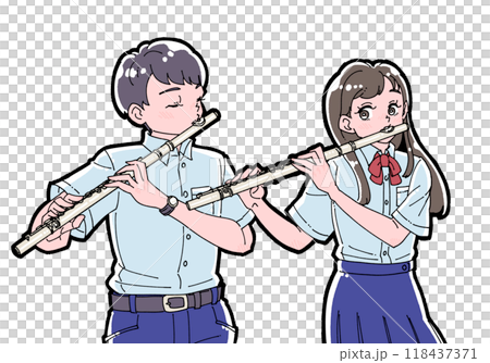 フルートを持った笑顔の男女のイラスト フルートを持った笑顔の男女のイラスト 118437371