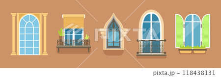 Glass Window of Various Type as Architectural Outdoor Object Vector Set 118438131