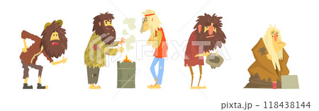 Homeless Bearded Man Beggar Characters in Rags Living on the Streets Vector Set 118438144