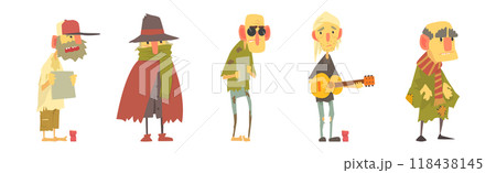 Homeless Man Beggar Characters in Rags Living on the Streets Vector Set 118438145