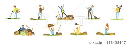 Man Character Treasure Hunter with Shovel and Pickaxe Vector Set 118438147