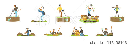 Man Character Treasure Hunter with Shovel and Pickaxe Vector Set 118438148