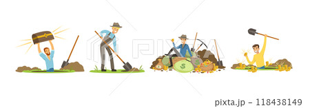 Man Character Treasure Hunter with Shovel and Pickaxe Vector Set 118438149