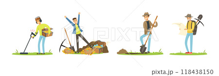 Man Character Treasure Hunter with Shovel and Pickaxe Vector Set 118438150