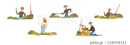 Man Character Treasure Hunter with Shovel and Pickaxe Vector Set 118438151