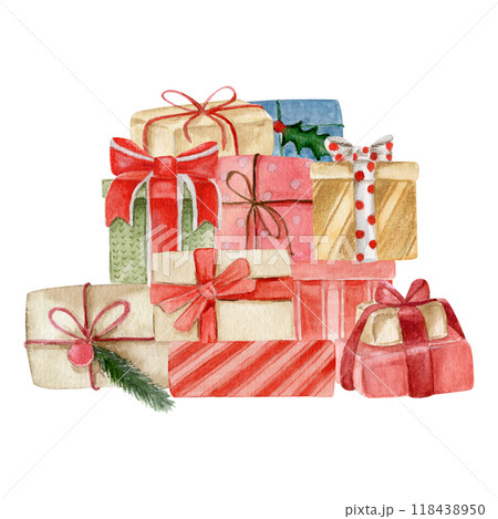 Watercolor composition of various gifts piled up in a mountain. Hand drawn 118438950