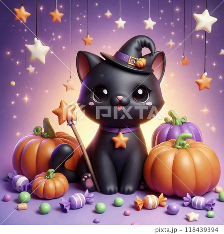 かわいい黒猫とハロウィンの星キャンディのイラスト素材 [118439394