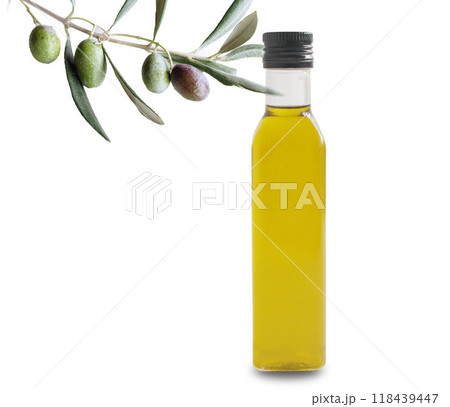 オリーブの実と葉 オリーブオイル　ラベルなし ガラス瓶 118439447