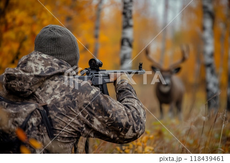 A camouflage-clad hunter takes aim with a rifle at a deer standing in a golden autumn forest with birch trees in the background 118439461