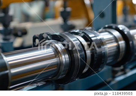 Close-up view of polished metal industrial machine parts, showcasing precision engineering and manufacturing technology 118439503