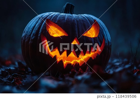 Carved pumpkin with glowing, menacing face against dark background, creating an eerie Halloween atmosphere 118439506