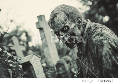 Monochrome image of a grotesque zombie figure emerging from a graveyard with tombstones and crosses in the background, perfect for horror themes 118439511