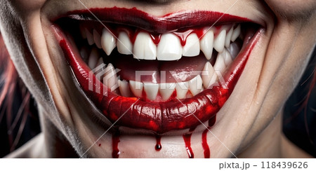 A chilling vampire smile revealing blood a spooky Halloween closeup capture 118439626