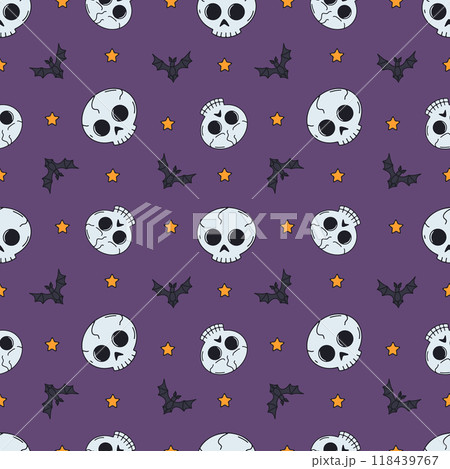 Seamless pattern with cute hand drawn Halloween skulls 118439767