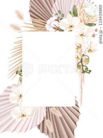 A wedding vector frame in boho style with flowers protea, white orchids, dried palm leaves, and tropical plants. 118439860