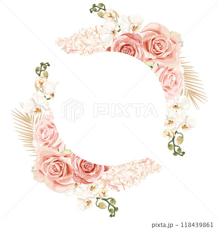 A wedding vector frame with flowers pink roses, white orchids, and delicate hydrangeas. A wedding vector frame with flowers pink roses, white orchids, and delicate hydrangeas. 118439861