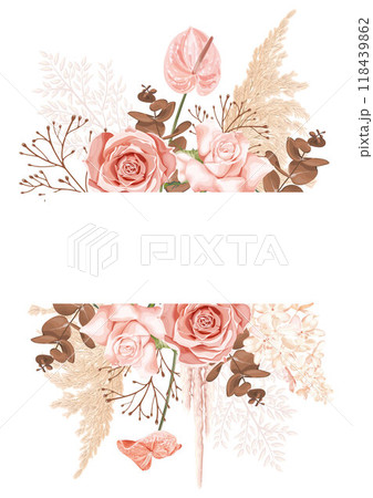 A wedding vector frame with flowers pink roses, anthurium, delicate hydrangeas, dried eucalyptus and reed. 118439862