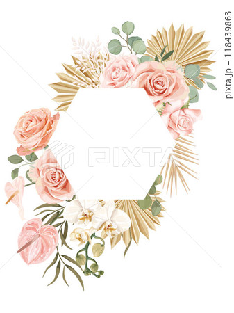 A wedding vector frame in boho style with flowers pink roses, white orchids, dried palm leaves, and branches. A wedding vector frame in boho style with flowers pink roses, white orchids, dried palm leaves, and branches. 118439863
