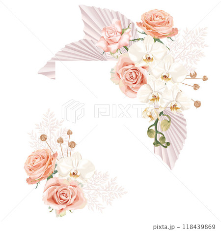 A wedding vector frame in boho style with flowers pink roses, white orchids, dried palm leaves, and tropical plants. 118439869